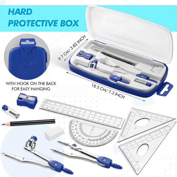 Zonon Math Geometry Set for Students 10 Pcs Compass Geometry Tools Kit Includes Protractor Compass Lead Refills Rulers Pencil Sharpener Eraser Pencil Storage Box for Drafting and Drawings(Dark Blue)