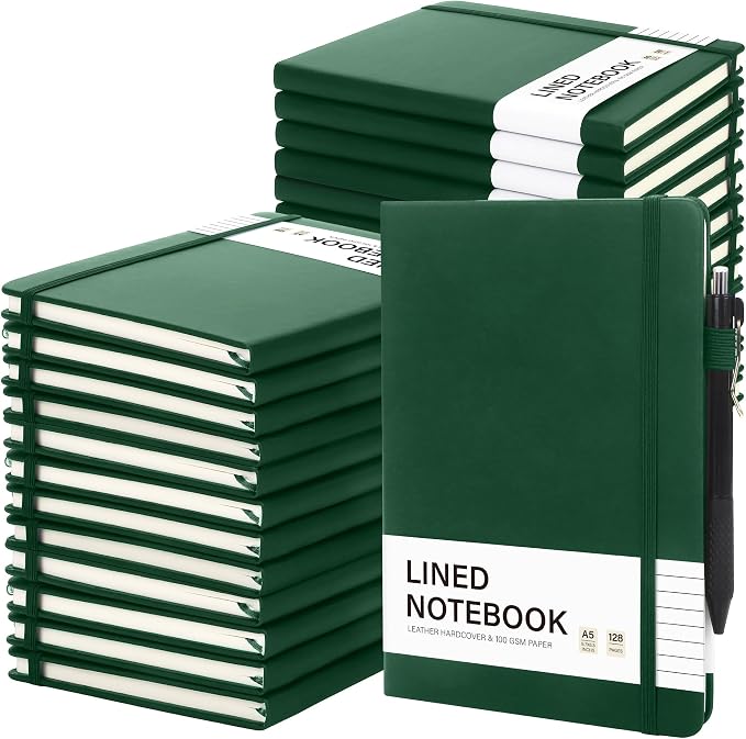 Aodaer 30 Set Lined Notebook Journals with Pens A5 Notebooks 100 GSM College Ruled Hardcover Notebook PU Leather Notepad with Pen Holder for Office School, 5.7 x 8.3 Inches, Dark Green