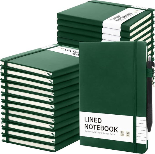 Aodaer 30 Set Lined Notebook Journals with Pens A5 Notebooks 100 GSM College Ruled Hardcover Notebook PU Leather Notepad with Pen Holder for Office School, 5.7 x 8.3 Inches, Dark Green
