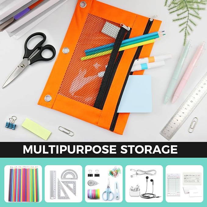 3 Ring Pencil Pouch for Binder, 2-Pocket Zipper Pencil Case with Clear Window & Mesh Pocket, Heavy Duty 600D Oxford Fabric Binder Pouch for School Office Supplies, Fits Standard 3-Ring Binders, Orange