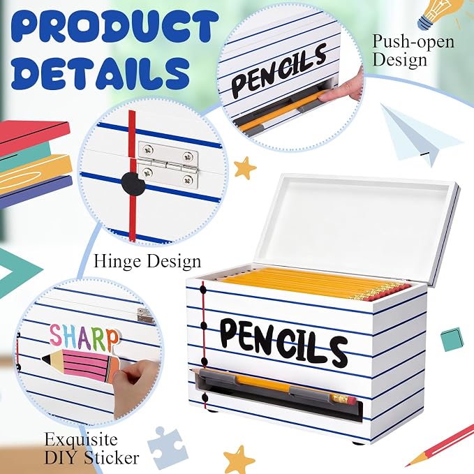 Mifoci Wooden Pencil Dispenser Kit for Classroom Wooden Pen Holder Straw Dispenser Sharp and Dull Letter Stickers for Teachers Classroom Supplies Storage(Notebook Line)