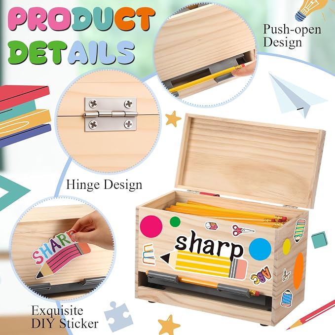 Mifoci 8 Pcs Wooden Pencil Dispenser Kit for Classroom Wooden Pen Holder Straw Dispenser Sharp and Dull Letter Stickers for Teachers Classroom Supplies Storage (Wood)