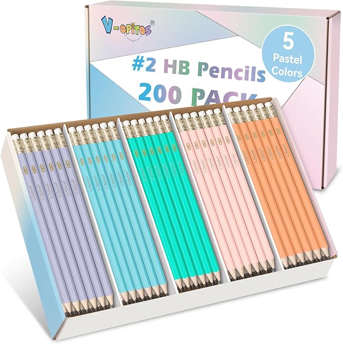 V-Opitos 200 Pack Bulk Pre-Sharpened Pastel #2 HB Wood-Cased Pencils | Color Pencils with Top Erasers, School Teacher Supplies, Writing, Drawing and Sketching