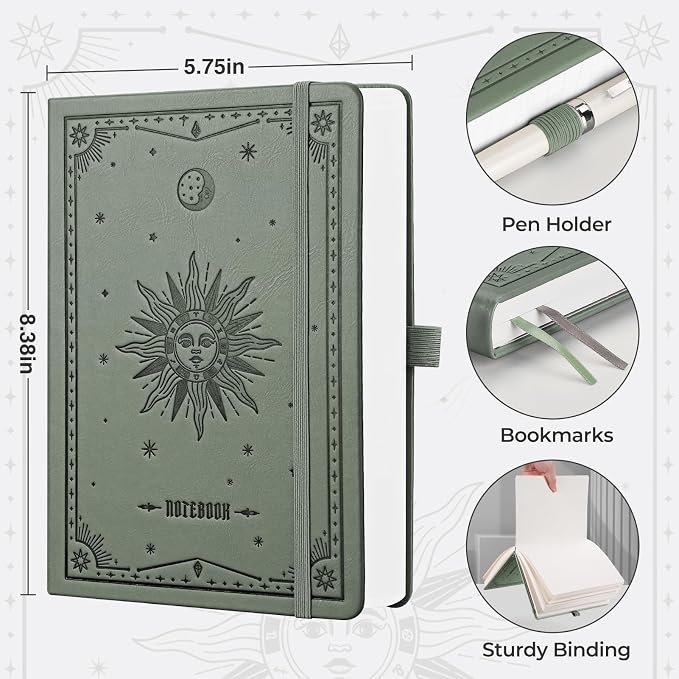 EMSHOI Blank Journal Notebook, 320 Pages, A5 Size (5.7'' x 8.3'') | Leather Hardcover, 100 GSM Thick Paper, Unlined, Plain, for Sketching, Drawing, Painting, Sun Debossed (Green)