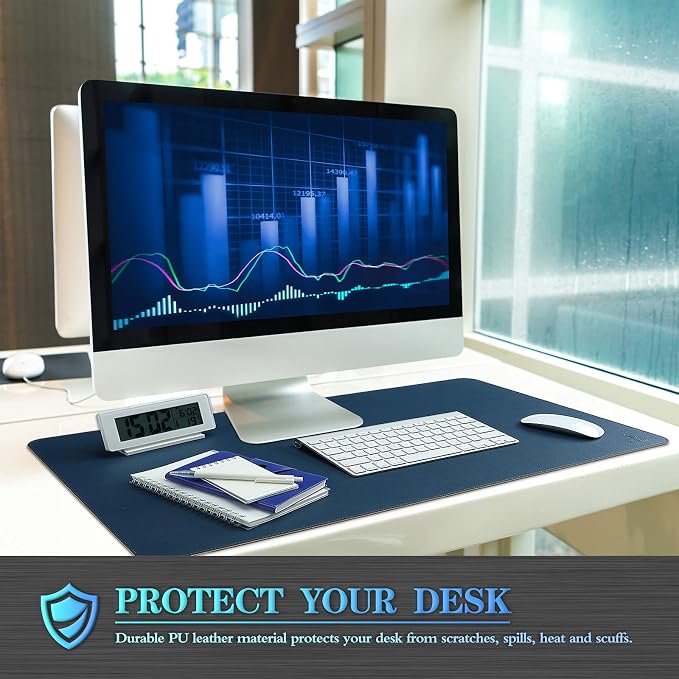 K KNODEL Large Sewing Leather Desk Mat, Desk Pad (Dark Blue, 31.5" x 15.7") | Mouse and Keyboard Pad, PVC Computer and Laptop Mat, Desktop Protector and Cover, Writing Pad and Blotter for Home Office