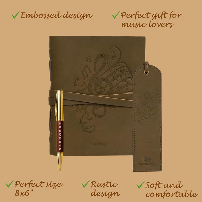 Sovereign-Gear Leather Journal Gift Set – Embossed Music Notes Design - Handmade Buffalo Leather Notebook with Pen & Bookmark - Vintage 8x6” Unlined Writing Journal for Men & Women in Premium Gift Box