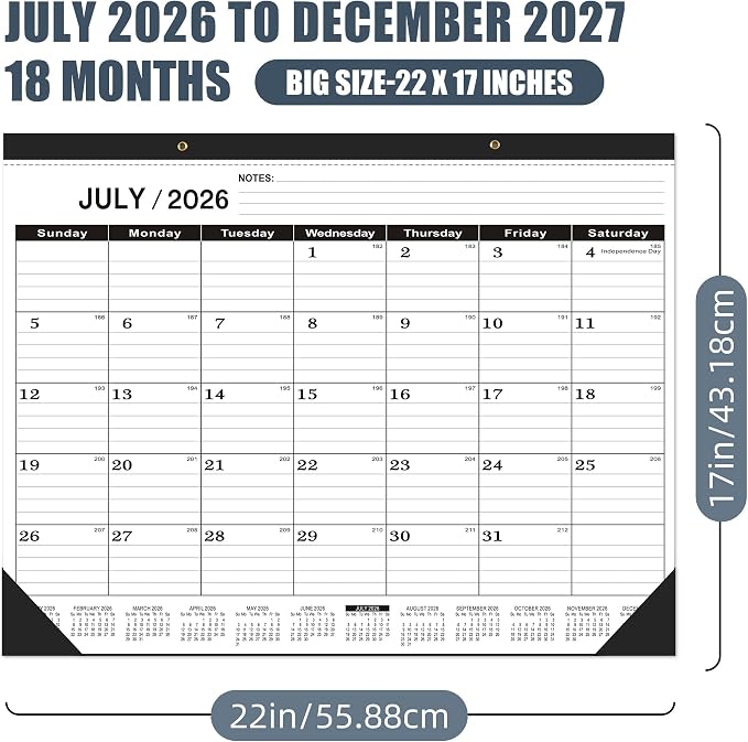 Desk Calendar 2026-2027 large 22 x17 (July 2026-December 2027) 2026-2027 Desk Calendar Large 22 x17,Classic Black Calendar 2027,Calendar 2027 with Plastic Cover