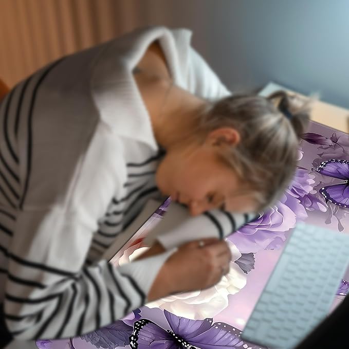 Heated Desk Pad Large Mouse Pad 31.5 x 13 inch with 3 Levels Heating & Auto Shut-Off Warm Mouse pad PU Leather Computer Mousepad for Home Office Work - Purple Roses and Butterflies