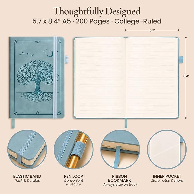 Lined Journal Notebook Hardcover Leather Bound 200 Pages A5 Blue Diary | College Ruled 5.7x8.4" Journaling Notebooks for Men & Women, Writing for Personal, Small Travel Daily Note Book Tree of Life