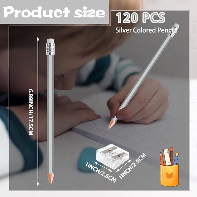 120 PCS Silver Colored Pencils with Eraser Pre Sharpened Pencil 2 HB - Ideal for Checking, Grading, Tests & Office/School Supplies (Silver)