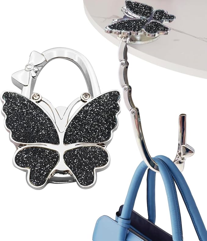 Purse Hook for Table, Foldable Handbag Hanger for Women, Portable Bag Holder with Non-Slip Base, Cute Black Glitter Butterfly Purse Table Hook for Restaurant Office Travel Gift