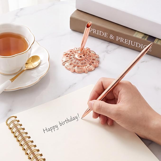 2 Pcs Gold Bridal Shower Pens for Guest Book with 360° Rotating Metal Pen Holder, Wedding Guest Book Signing Pen Set, Durable Metal Ballpoint Pens for Reception Table Decor