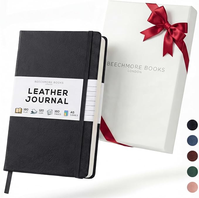 BEECHMORE BOOKS Premium Lined Leather Journal for Men & Women, 5" x 8" (A5) Thick 120gsm Ivory Cream Paper Notebook, Hardcover Vegan Leather Personal Diary, With Gift Box (Charcoal Black)