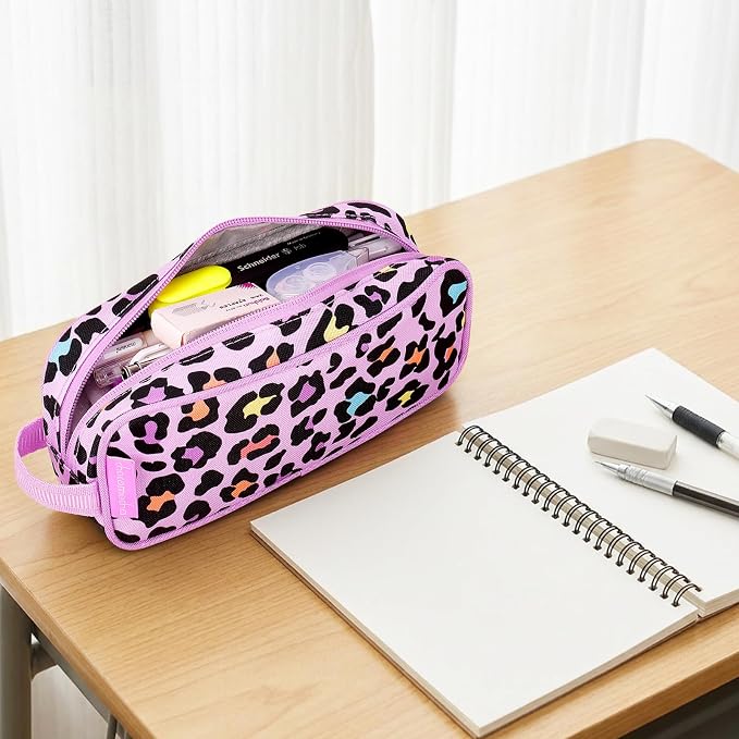 Choco Mocha Kids Pencil Case for Girls, Soft Zipper Pencil Pouch for Girls Pencil Case for School Leopard Pencil Bag for Toddler Girl, Cheetah Pink