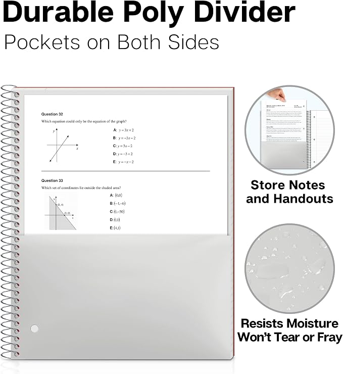 Dunwell College Ruled Spiral Notebook, (3-Pack, Red, Blue, Black) 1 Subject Notebook 8.5 x 11, Plastic Covers, Poly Pocket Dividers, 100 Sheets (200 Pages), 3-Hole Punched Perforated Paper