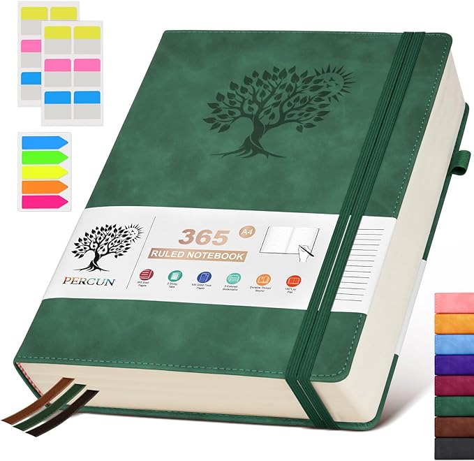 PERCUN A4 Lined Journal Notebook，365 Page Large Leather Journals for Writing Women Men，Hardcover Notebook with 100Gsm Thick Pages for Travel，Work，School，College Ruled, Daily Diary (8.5" x 11.4")