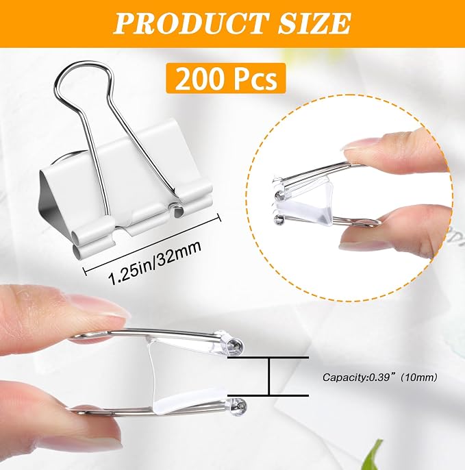 Jetec 200 Pack 1.25in/32mm White Metal Binder Clips Bulk Medium Reusable Fold Back Binder Clips Paper Clamps Spring Steel Sturdy for Home Office School Supplies