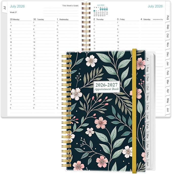 2026-2027 Appointment Book & Planner - 2026-2027 Daily Hourly Planner from July 2026 - June 2027, Weekly Appointment Book with 30-Minute Interval, Medium 6.4" x 8.5", Flower-C