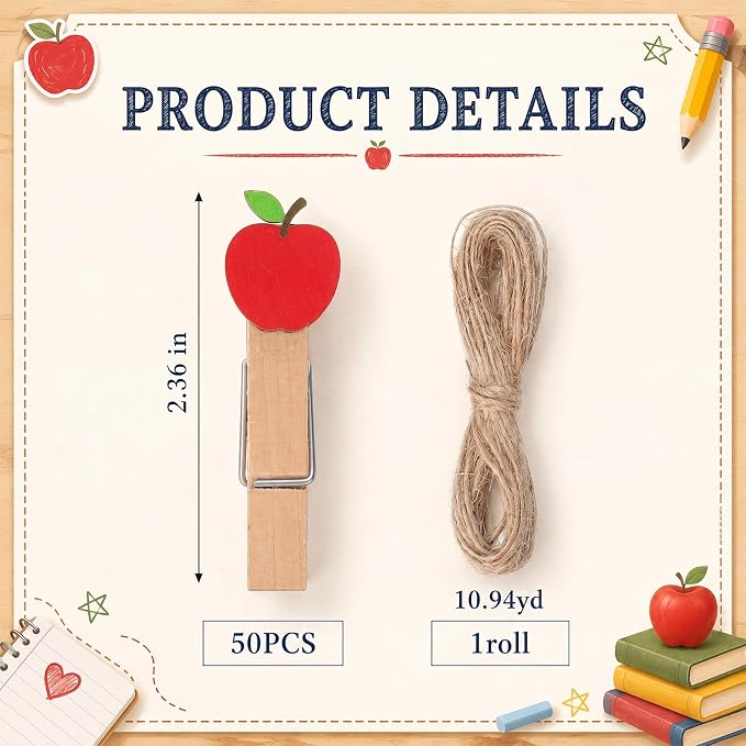 Mifoci 50 Pack Back to School Wooden Photo Clips with Twine, Apple Shaped Clothespins for Classroom Decor, Student Work Display, Teacher Appreciation Gifts, Bulletin Board and Party Decorations