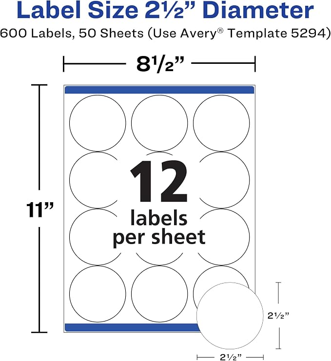 Avery High Visibility Printable Round Labels with Sure Feed, 2.5" Diameter, White, Laser Printer, 300 per Pack, 10 Packs, 600 Customizable Blank Labels Total (45294)