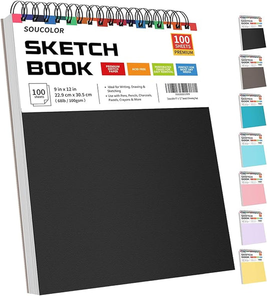 Soucolor Sketch Book 9x12,100 Sheets, Kids Art Sketchbook for Drawing Pad | 68lb Acid-Free,Fine-Texture Matte,No Bleed-Through,Top Spiral Lay-Flat, Micro-Perforated — Dry Media, Sketch Book for Adults
