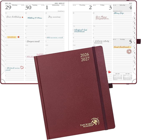 POPRUN 2026-2027 Academic Planner, Large Size 8.5" x 10.5", Weekly and Monthly Calendar, July 2026 to June 2027, Hardcover Appointment Book with Vertical Layout, Hourly Time Slots, Monthly Tabs - Burgundy