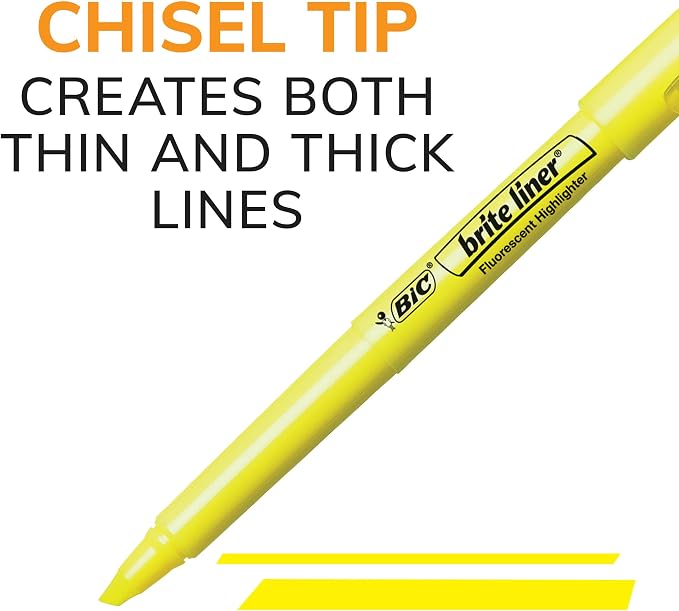 BIC Brite Liner Highlighters, Chisel Tip, School Supplies for Students and Teachers, Ideal for Notes and Textbooks, 12-Count Pack in Yellow