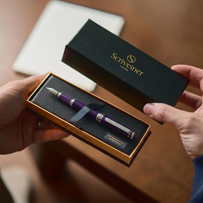Scriveiner Luxury Fountain Pen - Aubergine, Schmidt Gilded Nib (Medium), Converter, Best Pen Gift Set for Men & Women, Professional, Executive, Office, Nice Pens