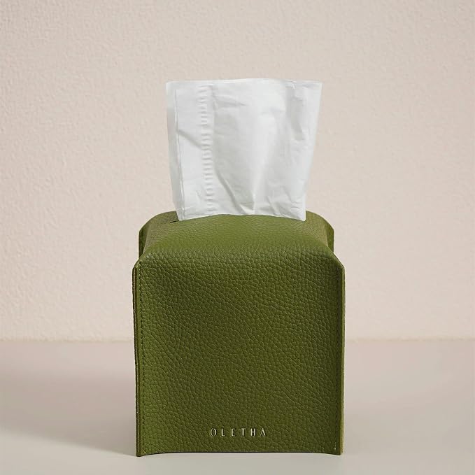 OLETHA Square Tissue Box Cover - Aesthetic Desk Decor for Room, Home & Office - Tissues Cube Boxes Holder - Green