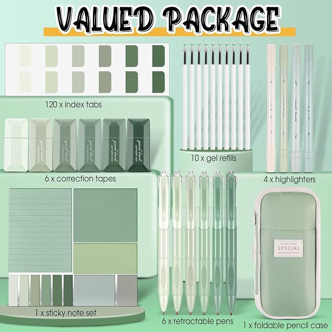 38 Pcs Aesthetic Office Supplies with Pen Case Sticky Notes Gel Pens Highlighters Correction Tapes Stationery Kit for Office Work Coworkers(Green Color,Classic)