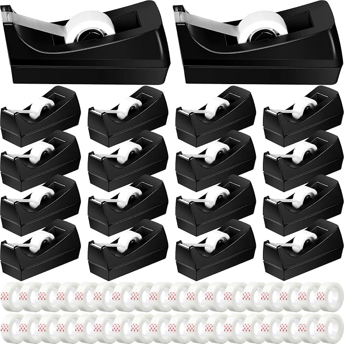 Yahenda 18 Pack Black Desktop Tape Dispenser Non Skid Base with 0.7 x 985 Inches Invisible Tape Refills Bulk Weighted Roll Dispenser for Office Home School