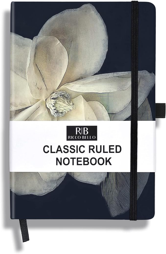 RICCO BELLO Lined Journal Notebook, Magnolia Flower, 5.7 x 8.4-Inches | Hardcover, College Ruled, 96 Sheets / 192 Pages, Pen Holder, For Work & Notes