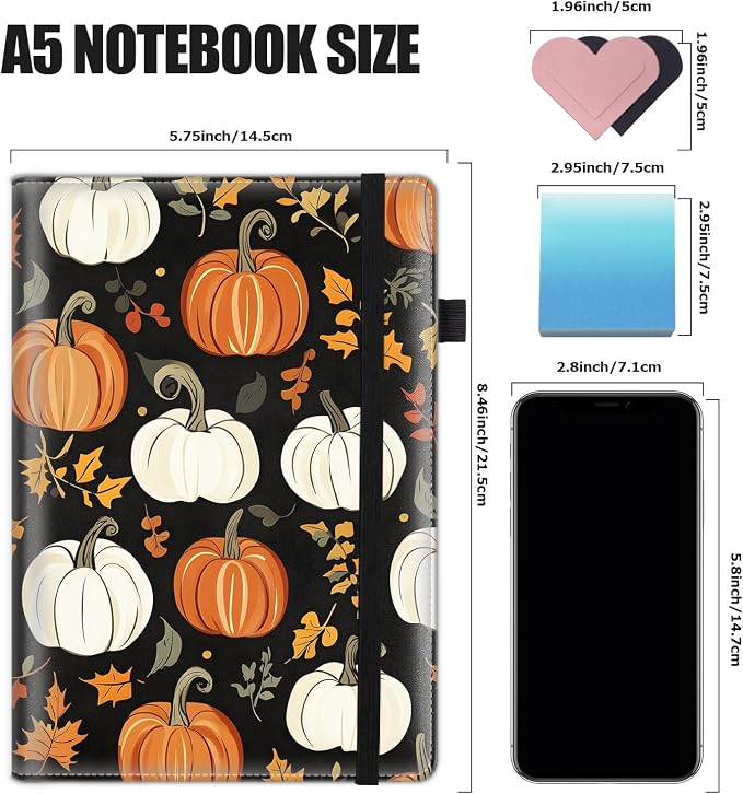 Hardcover Executive Notebooks, A5 PU Leather Lined Journal Notebook, 200 Pages Thick Paper Subject Notebooks for School,Work,Home Writing Business Notebook, Diary Book ，Pumpkins and Maple Leaves