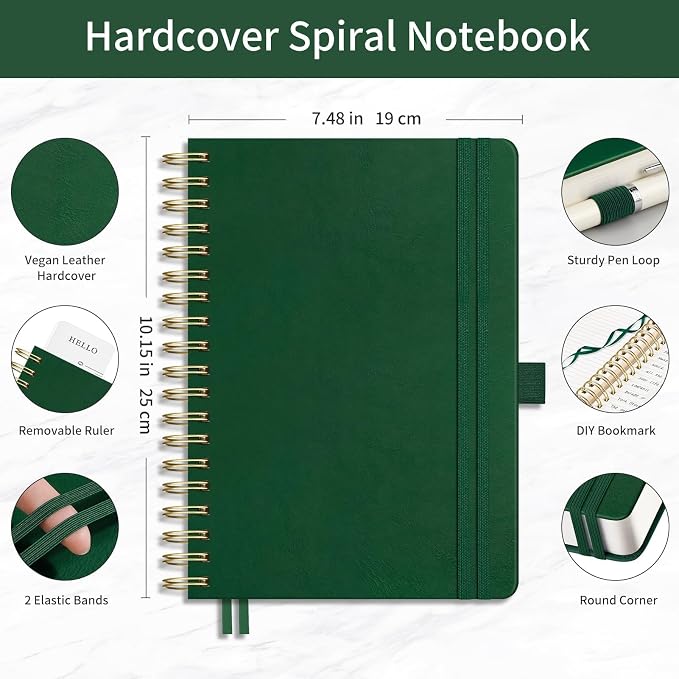 EMSHOI Lined Spiral Journal Notebook, 300 Numbered Pages, B5 (7.4"x10") | College Ruled, Leather Hardcover, 100 GSM Thick Paper, for School, Writing, Work, Office & Journaling (Dark green)