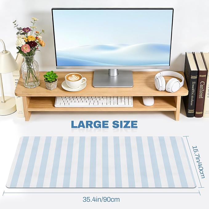 Blue Striped Desk Mat Cute PU Leather XXL Large Gaming Mouse Pad Desk Pad Cozy Aesthetic Keyboard Matt Laptop Computer Mat Home Office Decor 35.4" X 15.7"