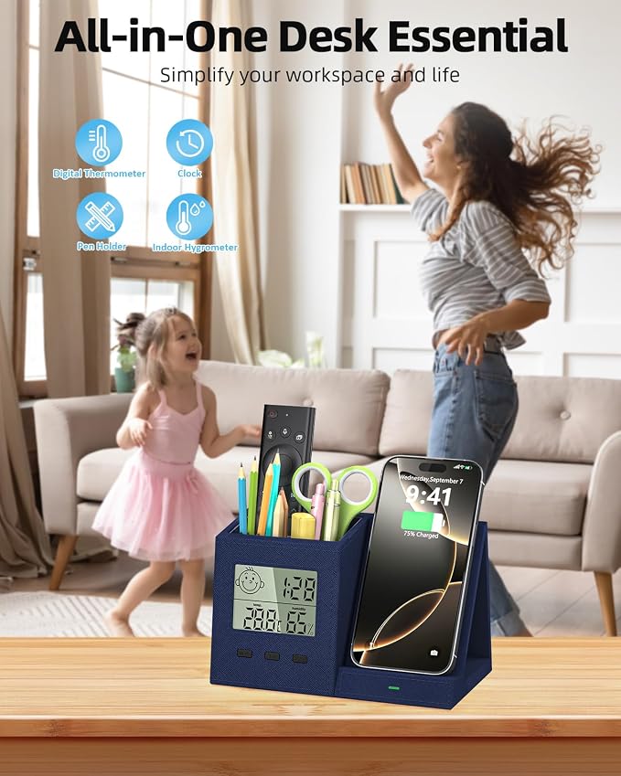 Desk Organizer with Wireless Charger, Digital Clock, Thermometer & Hygrometer - Multi-Functional Pencil Holder, Office Desk Accessories Storage Caddy for Home, Office, Men, Women (Battery Included)