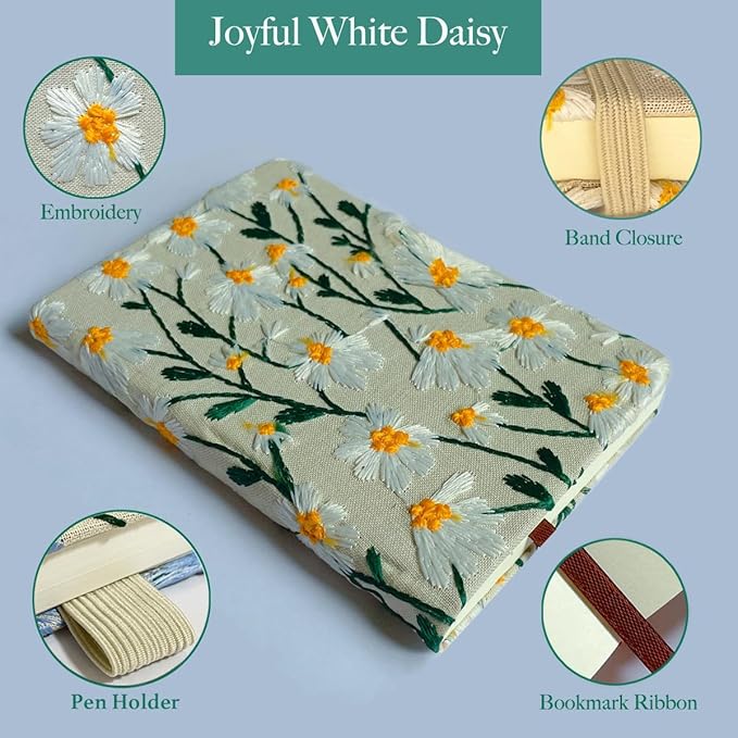 Daisy Gifts, Embroidered Journal, Floral Notebook, A5, 8"x6", Lined, Wide Ruled Paper, Hardcover, Lay Flat, Pretty Journal for Women, Personal Journal, White Daisy Flowers, with Elastic Band