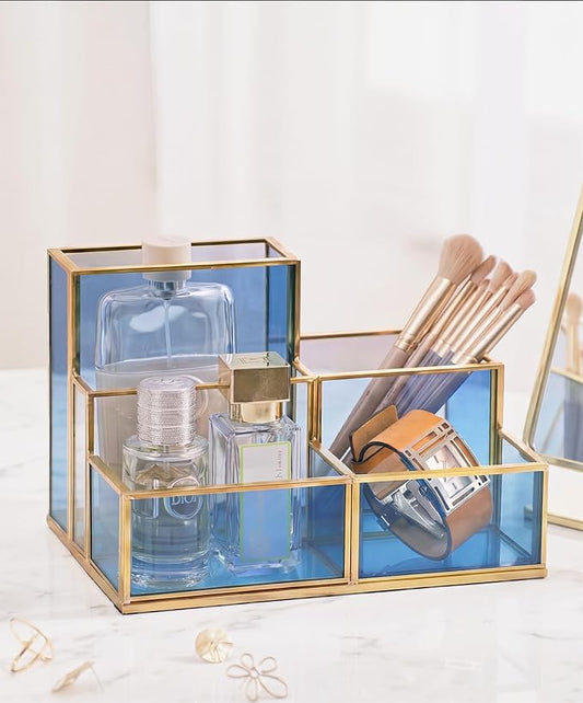 FONDAZZA 5-Compartment Desk Organizer for Home Office Supplies, Gold Brass with Blue Glass, Workspace Storage for Stationery, Cosmetic, Makeup Tools and Brush.