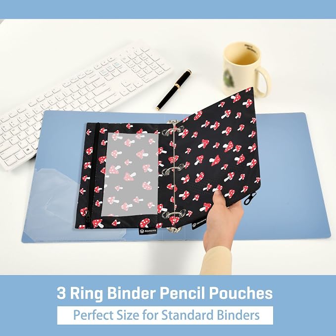 ALAZA Pencil Pouch for 3 Ring Binder, Cartoon Forest Red Mushrooms Binder Pencil Pouches with Clear Window Zipper Pencil Case Cosmetic Bags for Office College Supplies, 2PCS