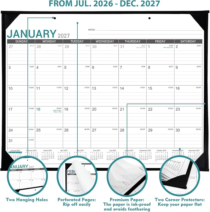 2026-2027 Desk Calendar - Roll Packaging Desk Calendar 2026-2027, Jul. 2026 - Dec. 2027, 22"x17" Desktop Calendar, Corner Protectors