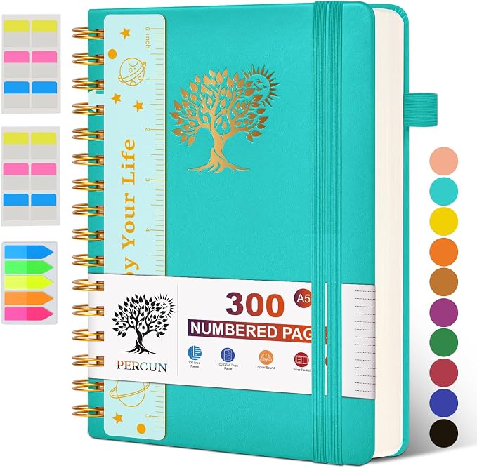PERCUN Spiral Notebook 300 Numbered Lined Pages Hardcover Journal 5.9"x8.5" | College Ruled Spiral Bound Notebook with Tabs, A5 Leather Journal for Women Men, Work, School, Travel, Writing & Note Taking