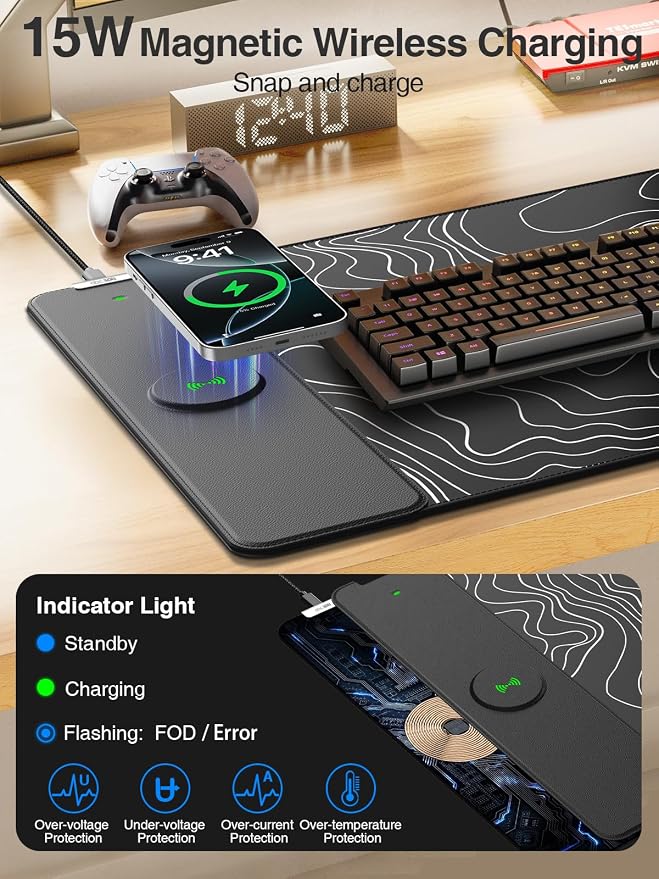 Magnetic Wireless Charging Mouse Pad, 31.5"x15.8" Large Desk Mat | Waterproof Mousepad, Smooth Glide, Stitched Edge, Non-Slip Rubber Base, Desk Pad Computer Keyboard Mat, No Adapter
