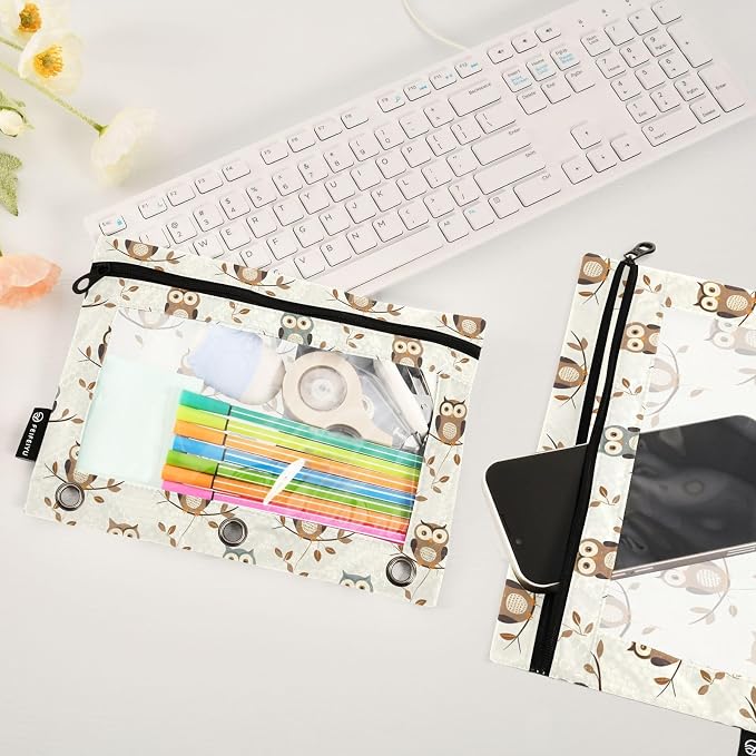 Owl Forest Little Animal Pencil Pouch for 3 Ring Binder 2 Pack Zipper Binder Pencil Bag Case with Clear Window Office Supplies