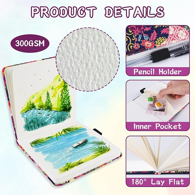 5x5 Handy Portable Handmade Cloth Fabric Hardcover Sewing Binding Travel Watercolor Paper 140LB/300gsm 20Sheets/40Pages Journal Mixed Media Pad Sketchbook. Japanese-Style Motifs