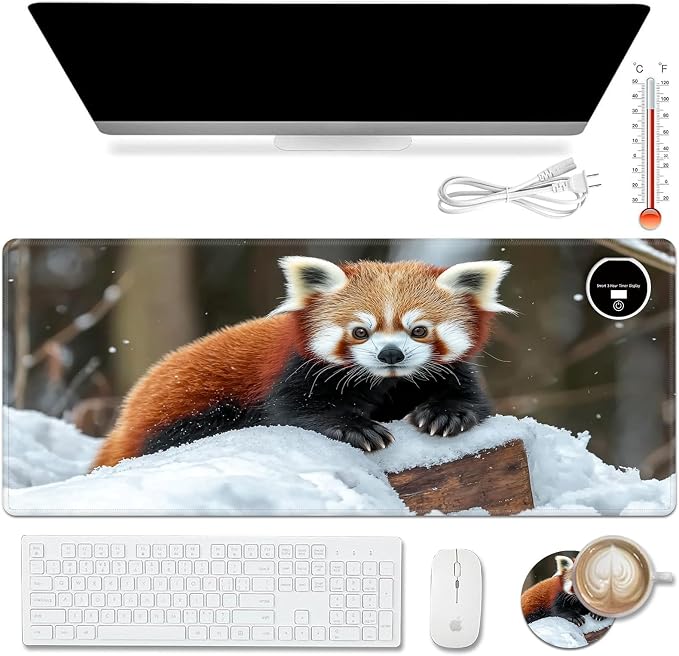 Warm Desk Pad,Heated Desk Pad,Office Mat,3 Heating Levels & 3 Hours Auto Shut-Off,31.5"*13" Gaming Mouse Laptop Keyboard Leather Desk Mat,Cute Raccoon Snow