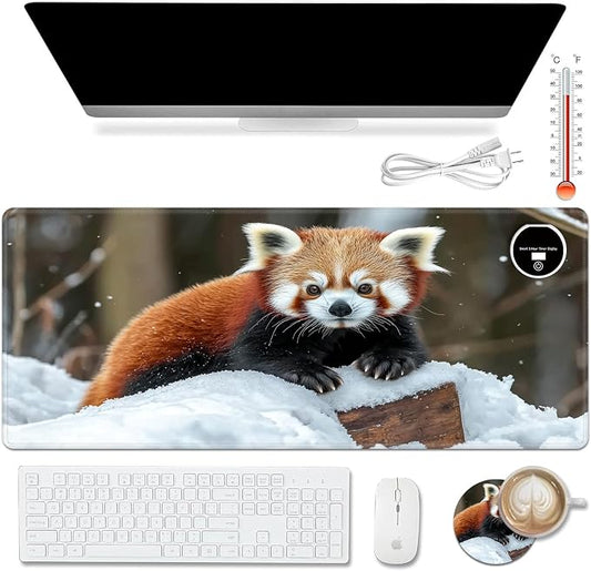 Warm Desk Pad,Heated Desk Pad,Office Mat,3 Heating Levels & 3 Hours Auto Shut-Off,31.5"*13" Gaming Mouse Laptop Keyboard Leather Desk Mat,Cute Raccoon Snow