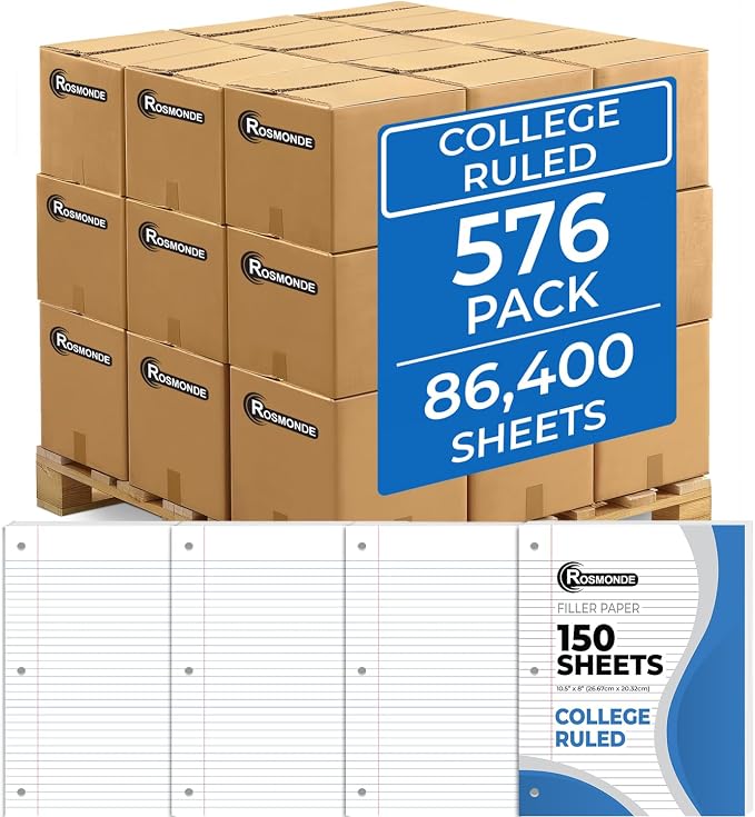 Rosmonde 86400 Sheets(Pallet) Loose Leaf Paper Bulk, 576 Pack,College Ruled | Bulk Notebook Paper, 150 Sheets/Pack, 8 x 10.5", Pallet Of Filler Paper, 3 Hole Punched, School & Office, 4-7 Days Transit