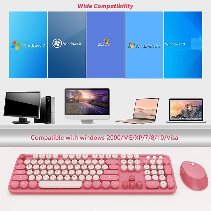 Colorful Wireless Keyboard and Mouse for PC Laptop | Cute Colorful Typewriter Retro Round Keyboard and mouse for PC Laptop