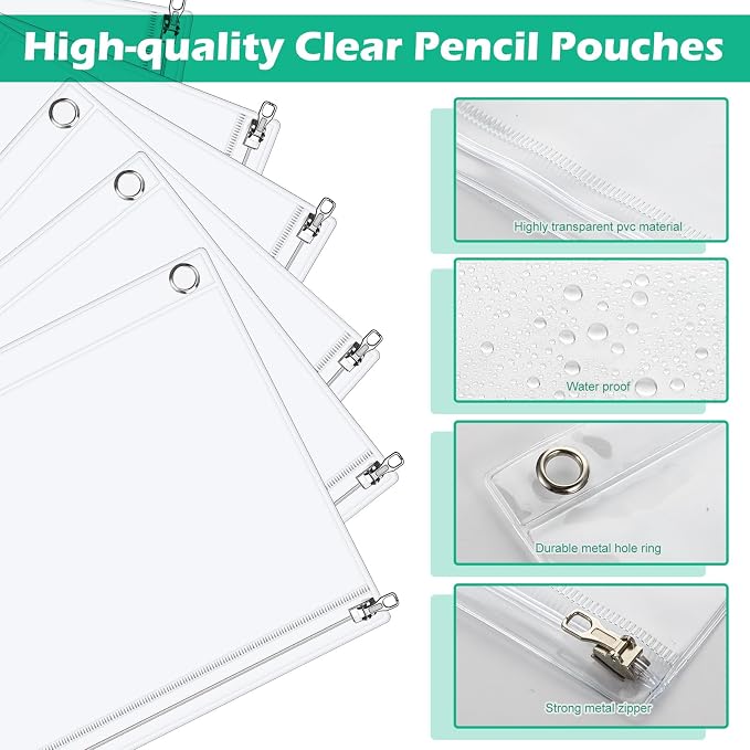 Lincia 6 Pack Clear Pencil Pouch for 3 Ring Binder Pencil Case with Zipper 3 Ring Binder Pocket Insert Bag 10 x 7'' Visible Cash Envelope with Re-enforced Grommet for Office (Clear)
