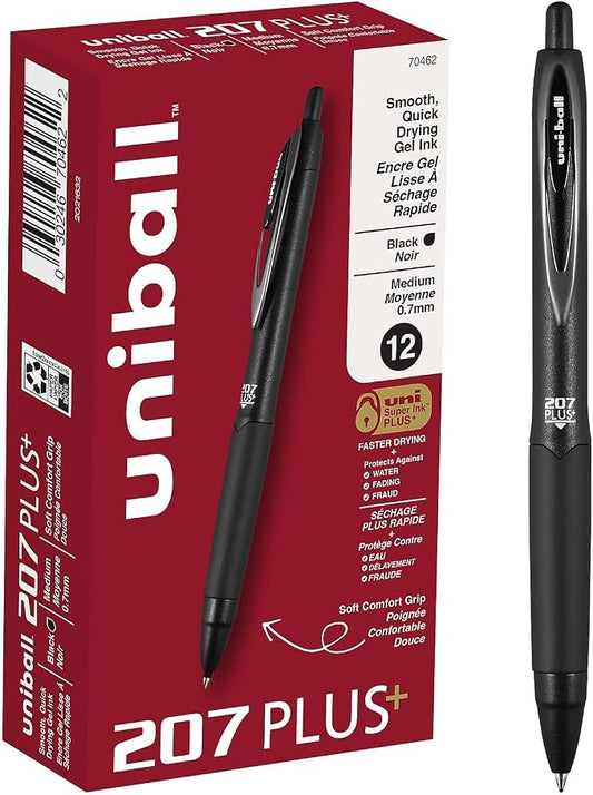 uniball™ 207 Plus+ Retractable Gel Pens, Medium Point (0.7mm), Black Ink, 12 Pack